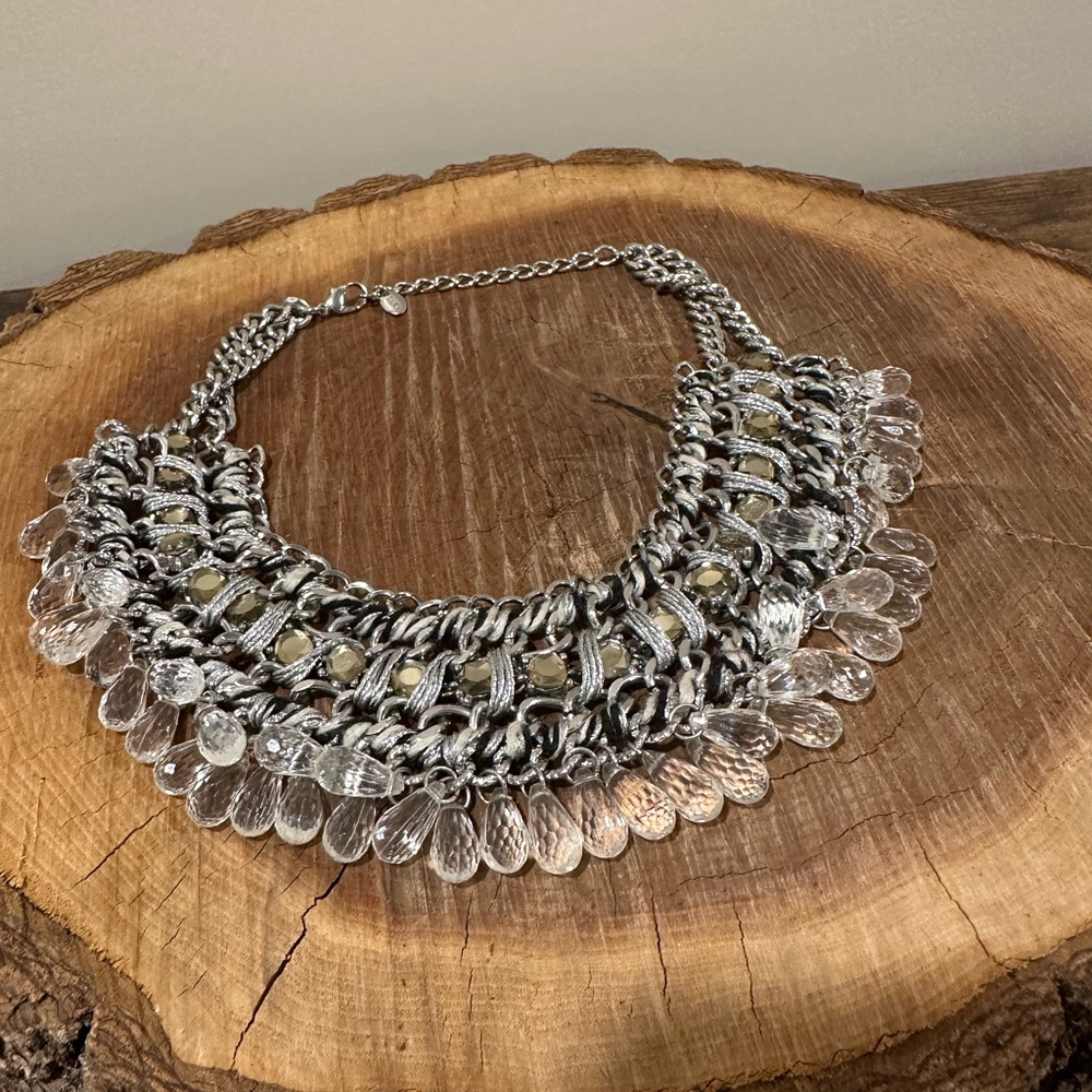 Zara Silver Statement Bib Necklace with Clear Crystal Droplets